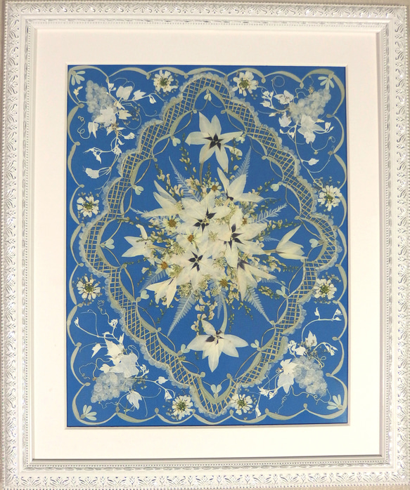 クリスマスセール 押し花額 押し花アート 白い花 展覧会出展作品
