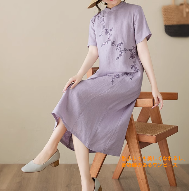 夏リネンの花柄スカート刺繍綿麻のハイエンドワンピース