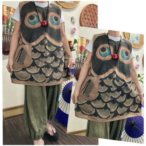 鯉のぼり(木綿)の柿渋染めサルエルパンツ　　　古布リメイク 母さんの鯉のぼりリメイク 母さんからのライン📩 鯉のぼり 木綿
