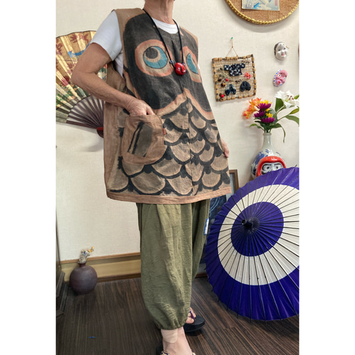 ユメさま、ご予約品　鯉のぼり柿渋染め　ロングチュニック&ロングベスト 鯉のぼり(木綿)の柿渋染めチュニック 古布リメイク チュニック