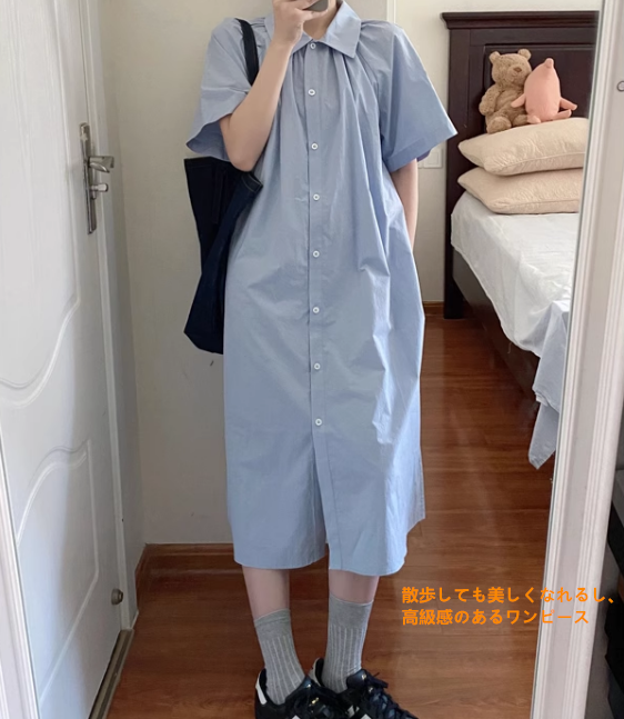 カジュアルシャツワンピース夏のゆったりとした着やせたるみ感ストレートミディアム丈