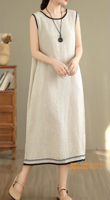 レトロ刺繍ノースリーブタンクトップスカート夏の新作丸首ゆったり減齢ワンピース