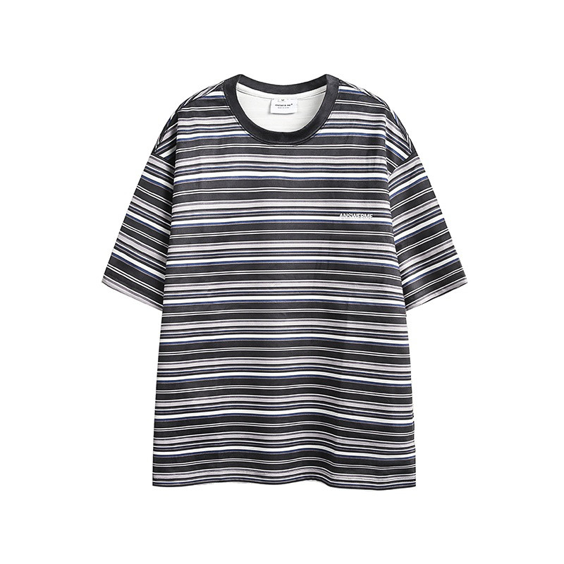 夏新作スエードレトロストライプ半袖Tシャツ 男性向けカジュアルブランドゆったり heavyweight ハーフスリーブト
