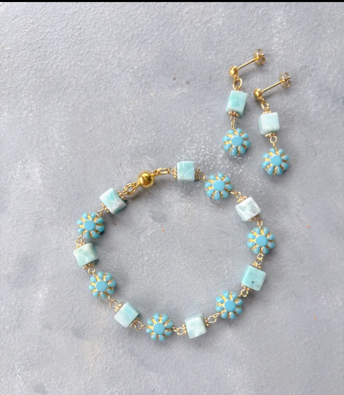 ラリマー＆チェコガラスビーズブレスレット・ピアス（イヤリング）