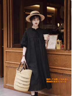 文芸婦人服2025新夏レトロ綿麻ワンピース黒ケーキスカート