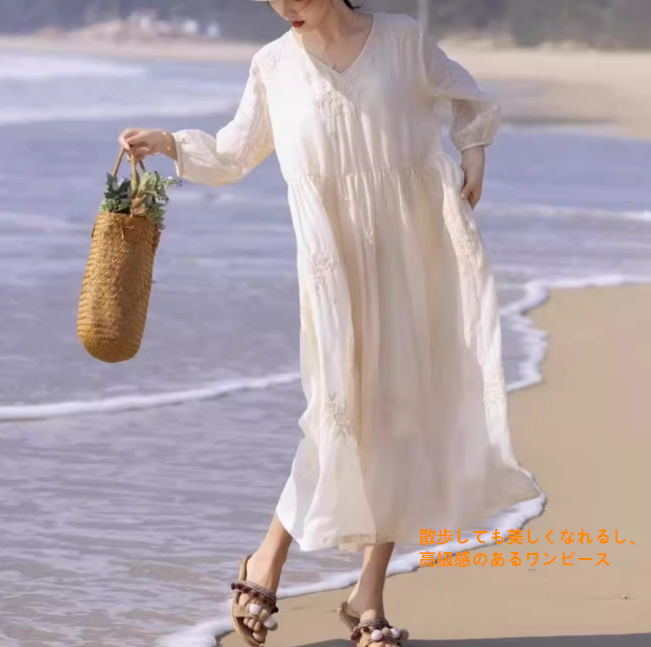 白ラミー麻ワンピースレディースファッション夏新作レディースビーチスカート
