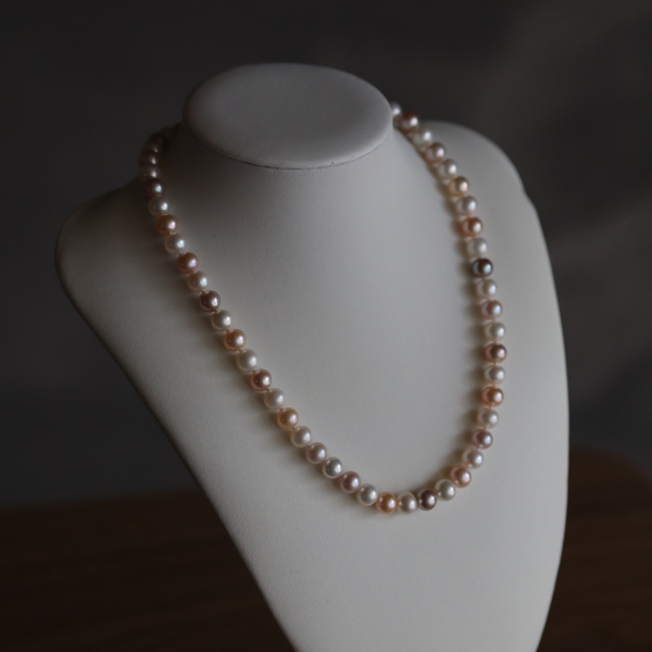 【一点物】マルチカラーパールのオールノットネックレス 淡水真珠 ピンク オレンジ パープル ギフト 長さ調節可能