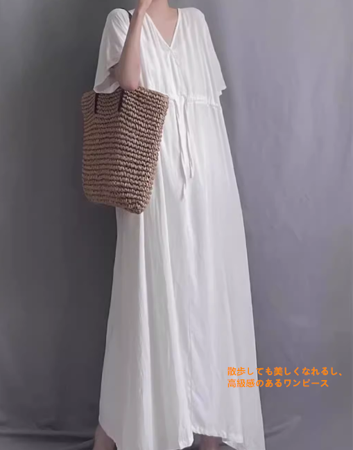レトロvネック綿麻ワンピース夏新作高級綿麻ゆったりロングスカート