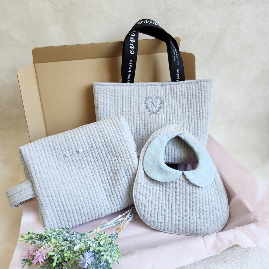 出産祝いヌビ3点セット ♡ ギフト プレゼント ヌビバッグ ヌビポーチ イニシャル 刺繍 丸洗い 韓国 イブル 送料無料