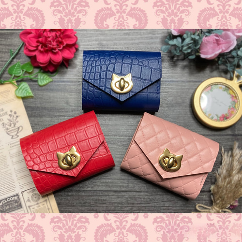 ❤【可愛さ×高級感♪】お洒落可愛い猫モチーフの総本革コンパクトミニ