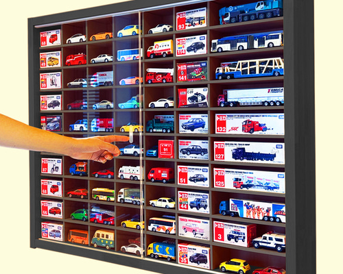 ブラック色全塗装 アクリル障子付 木製ミニカー収納ケース トミカ