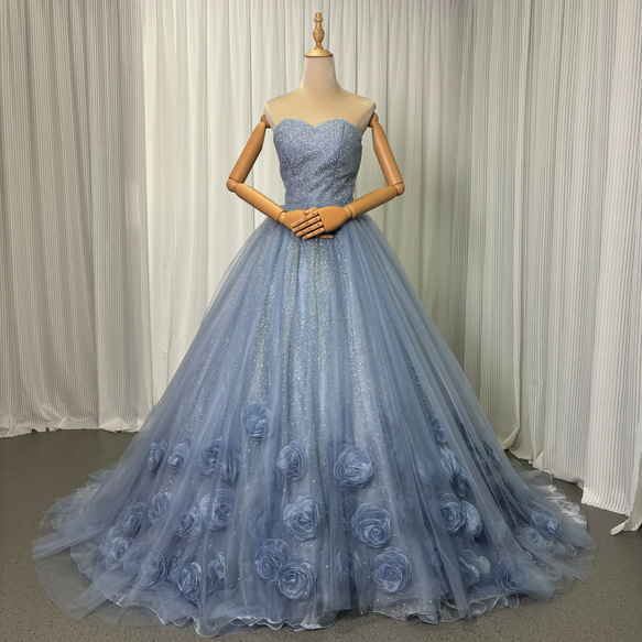 送料無料！カラードレス ブルーグレー キラキラドレス バラトレーン