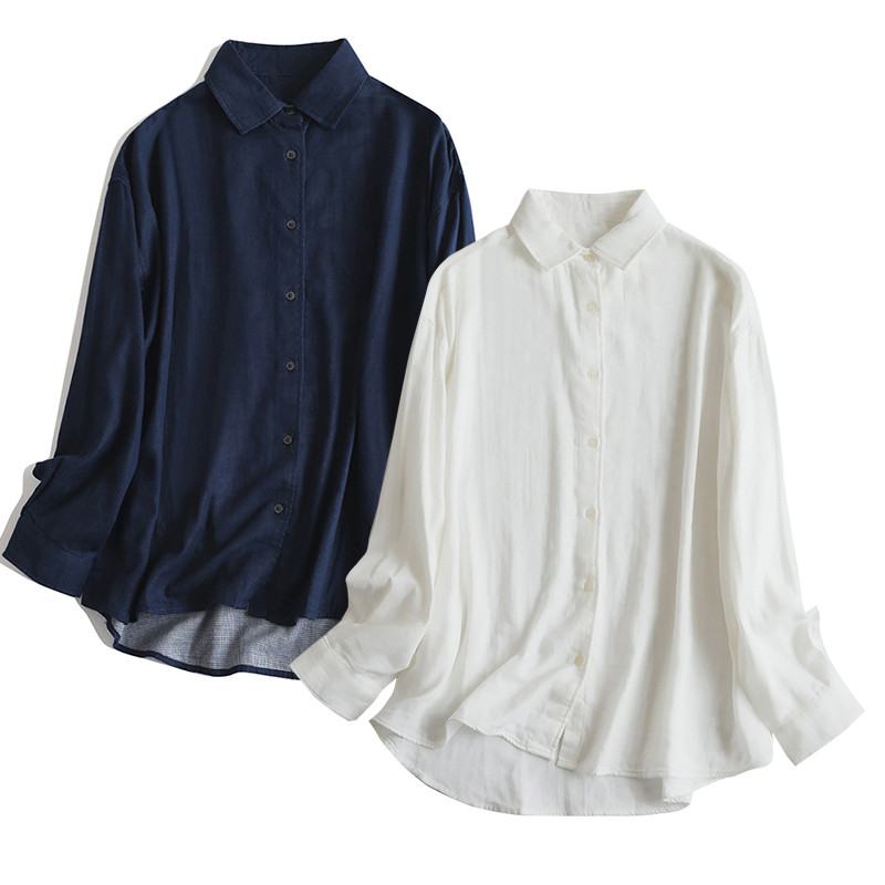 ダブルガーゼ長袖シャツ　格子100％コットン柔らかい長袖シャツ　可愛くて大きい襟　4色　フリーサイズ　L683