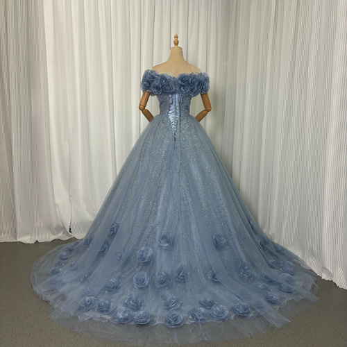 送料無料！カラードレス ブルーグレー キラキラドレス バラトレーン