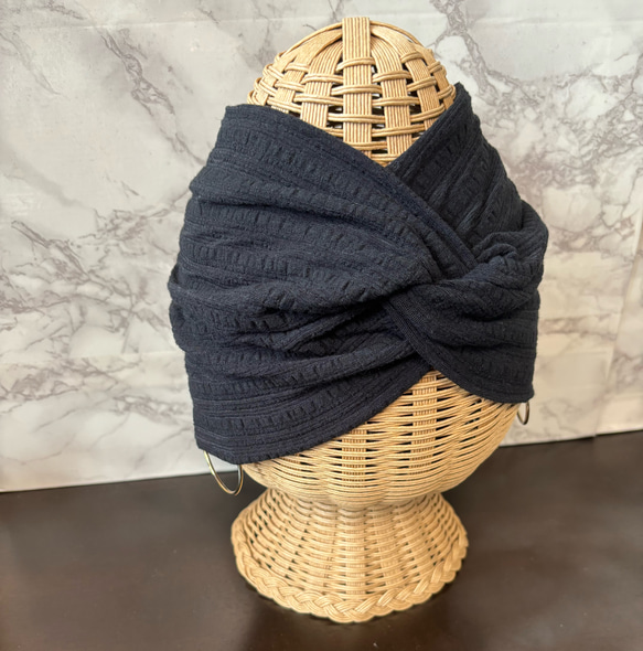 柔らか コットン ジャガードシースルーニット 超幅広 ターバン ヘアバンド 1枚目の画像