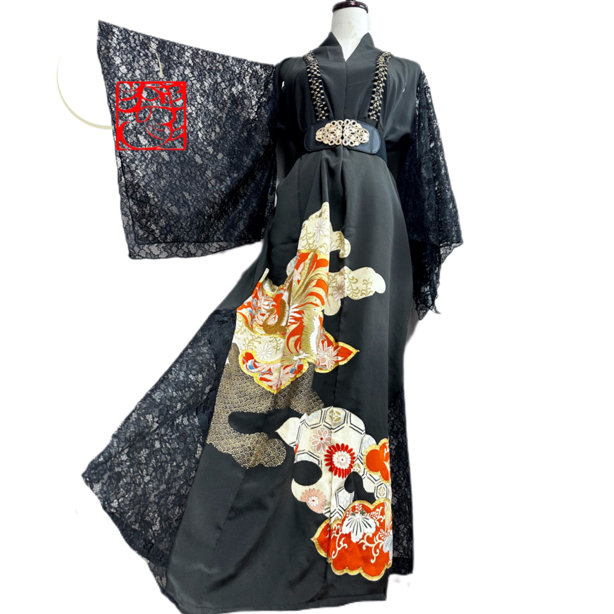 留袖 着物リメイク ドレス レース袖＆裾 豪華刺繍鳳凰 和柄