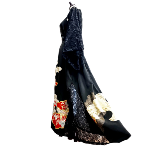 留袖 着物リメイク ドレス レース袖＆裾 豪華刺繍鳳凰 和柄