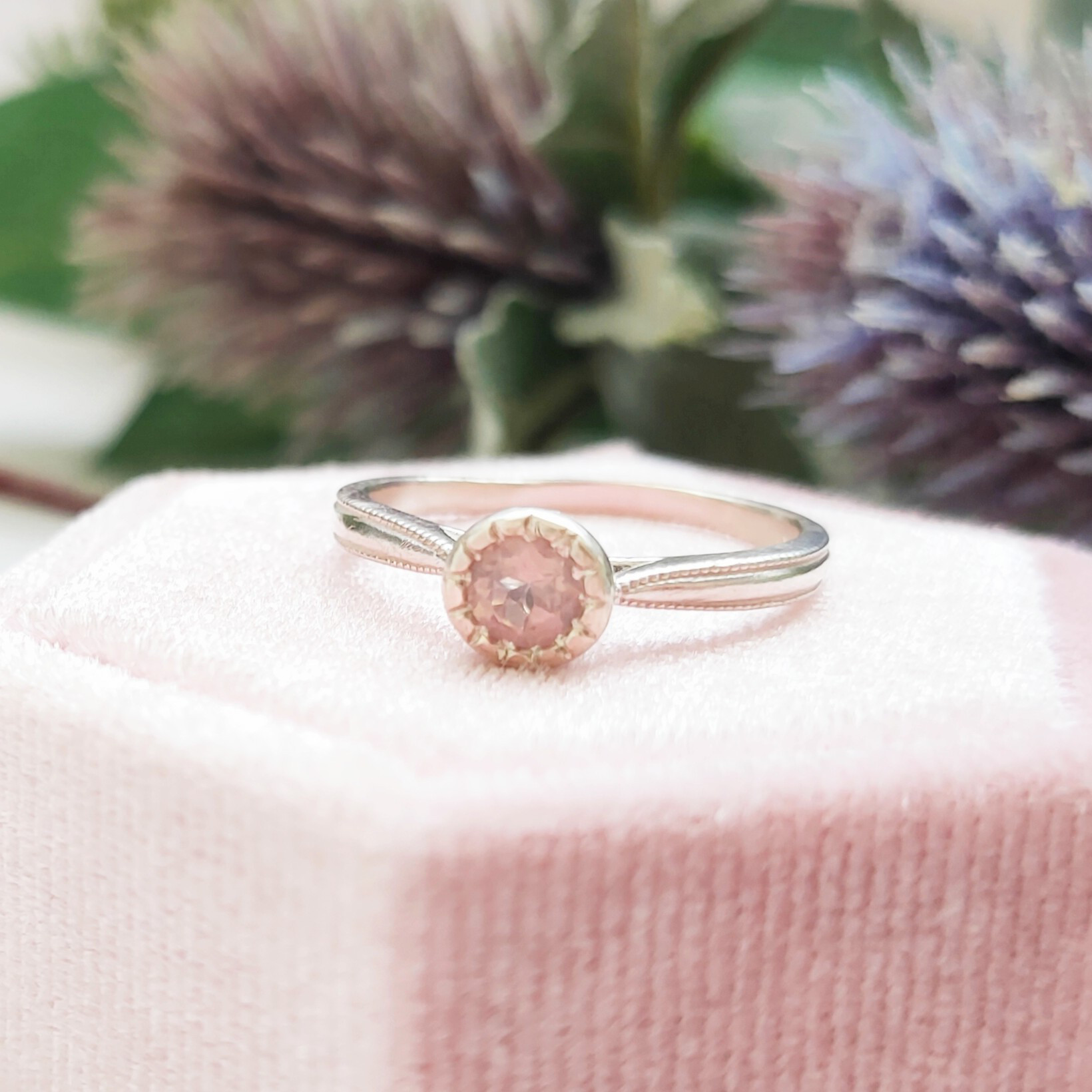 【一点物】ローズクォーツ 11号 シルバーリング ミル打ち シルバー925 SV925 石留め モダン 普段使い