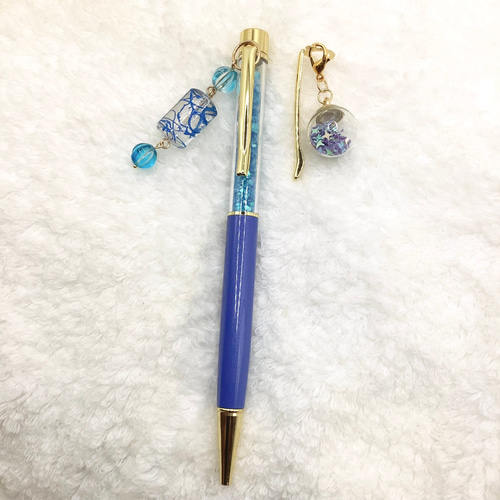 チャーム付きボールペン着せ替えクリップ付き ブルー ガラスドーム