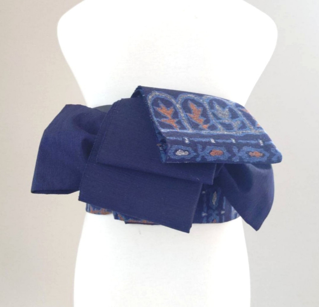 セール　大人の変わり結び　リボンパタパタ　花更紗　作り帯付け帯　手織り紬　胴巻き〜95cm 正絹