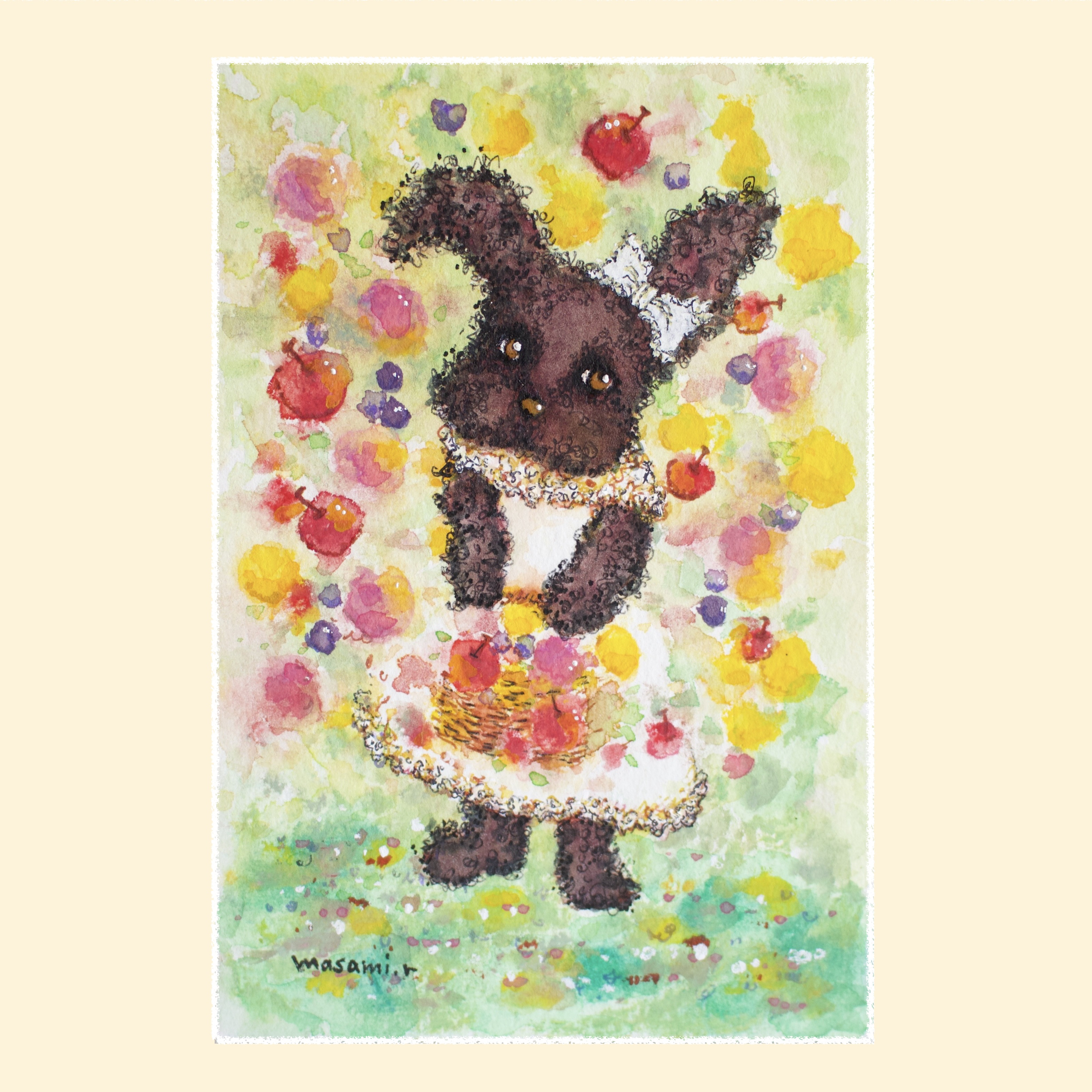 「黒うさぎのフルーツ狩り」水彩画イラスト 原画 はがきサイズ 額なし