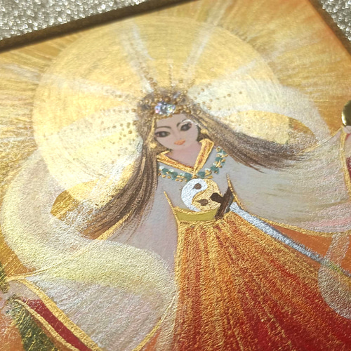 風水吉祥神仏絵画＊虹鏡 天照大御神赤富士と羽衣龍 金箔紙 太陽
