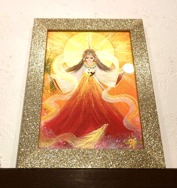 風水吉祥神仏絵画＊虹鏡 天照大御神赤富士と羽衣龍 金箔紙 太陽