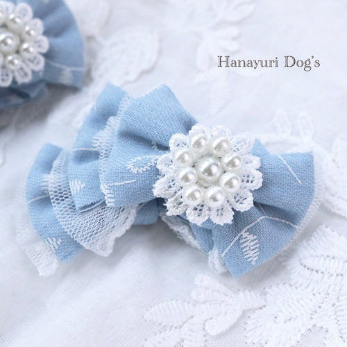 デニムブルー レースとパールの花NO,1 犬バレッタ キッズ・子供リボン