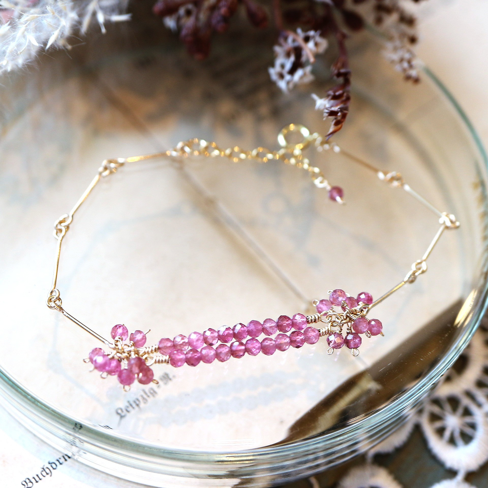 14Kgf＊ダブルラインピンクトルマリンとストレートバーのブレスレット