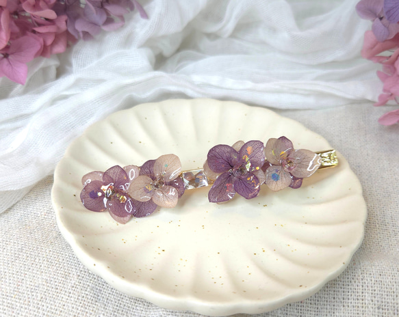 ディープラベンダーアジサイ プリザーブドフラワー レジン ロングプレスクリップ 1枚目の画像