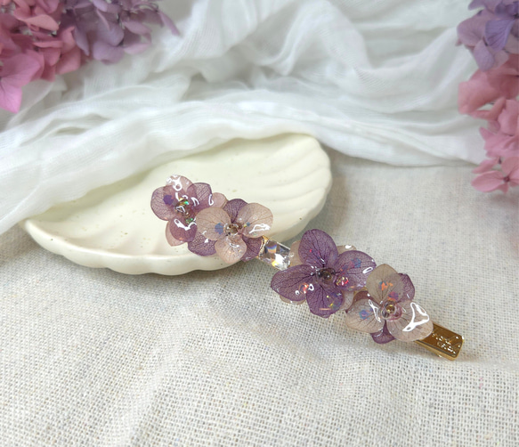 ディープラベンダーアジサイ プリザーブドフラワー レジン ロングプレスクリップ 2枚目の画像