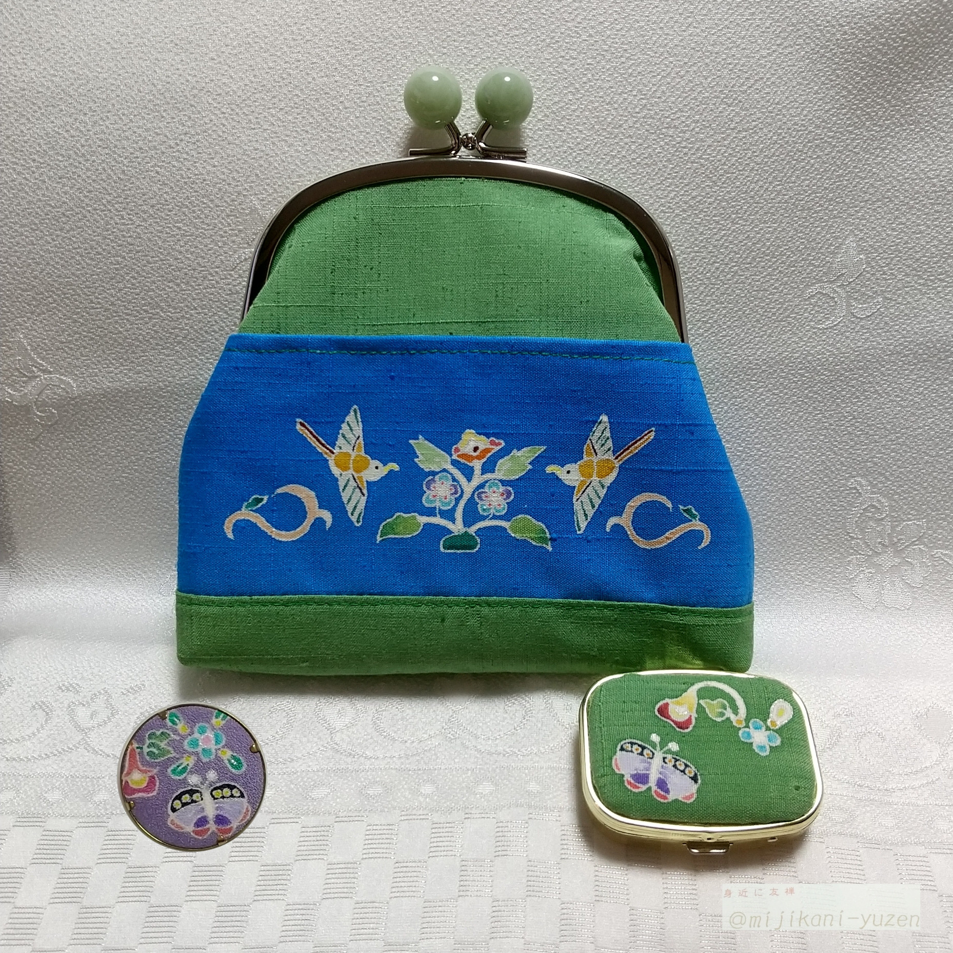 手描き友禅（糸目）正倉院オマージュ　がま口ポーチ　ピルケース　ブローチセット