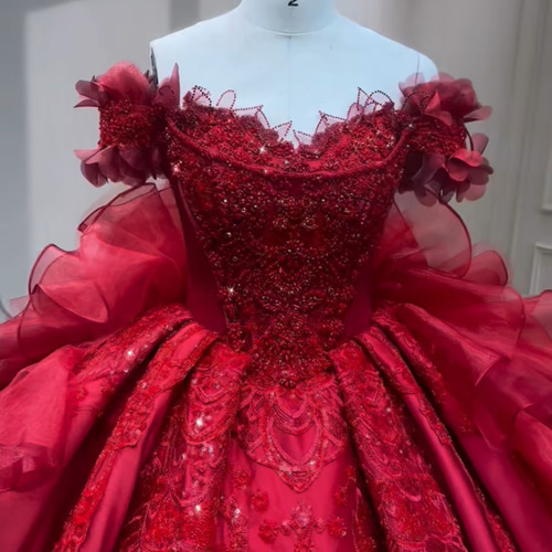 高級感 カラードレス レッド赤 ラッフルスカート フロアー丈