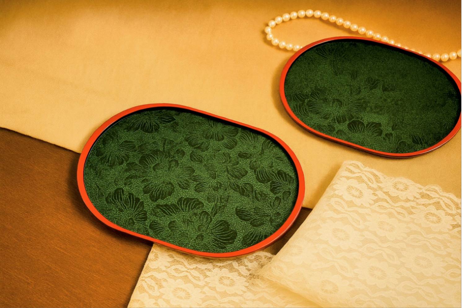 印伝　漆　和風牡丹トレー　おぼん