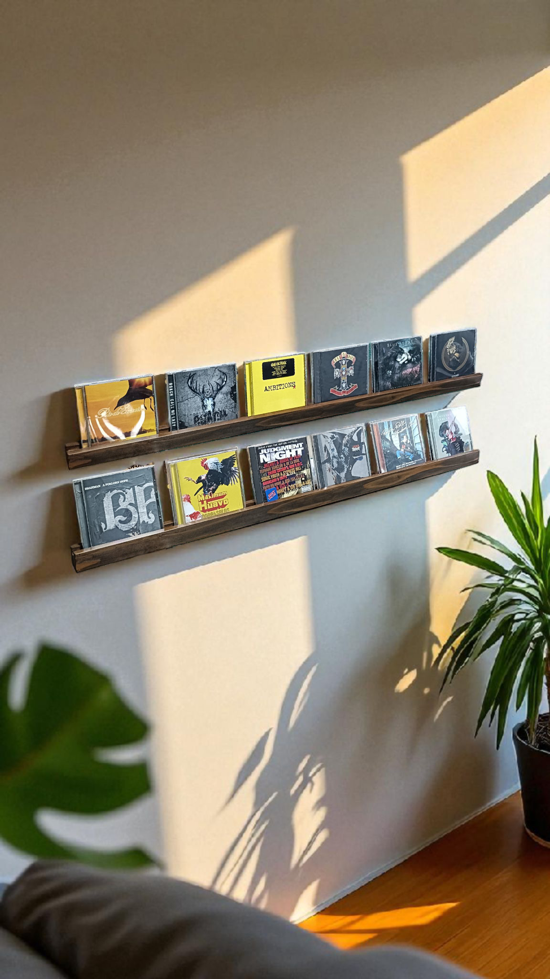 杉無垢材のCDディスプレイレール　6枚用2本セット　壁掛け　ウォールシェルフ　CDラック