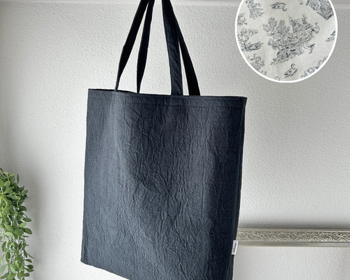 ハンドメイドバック※コットンリネン 裏地も素敵なトートバッグ・コットンリネンのブラック/持ち手短め