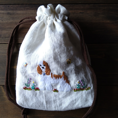 アメリカンコッカ―スパニエル刺繍ポーチ、 刺繍巾着袋、 犬刺繍