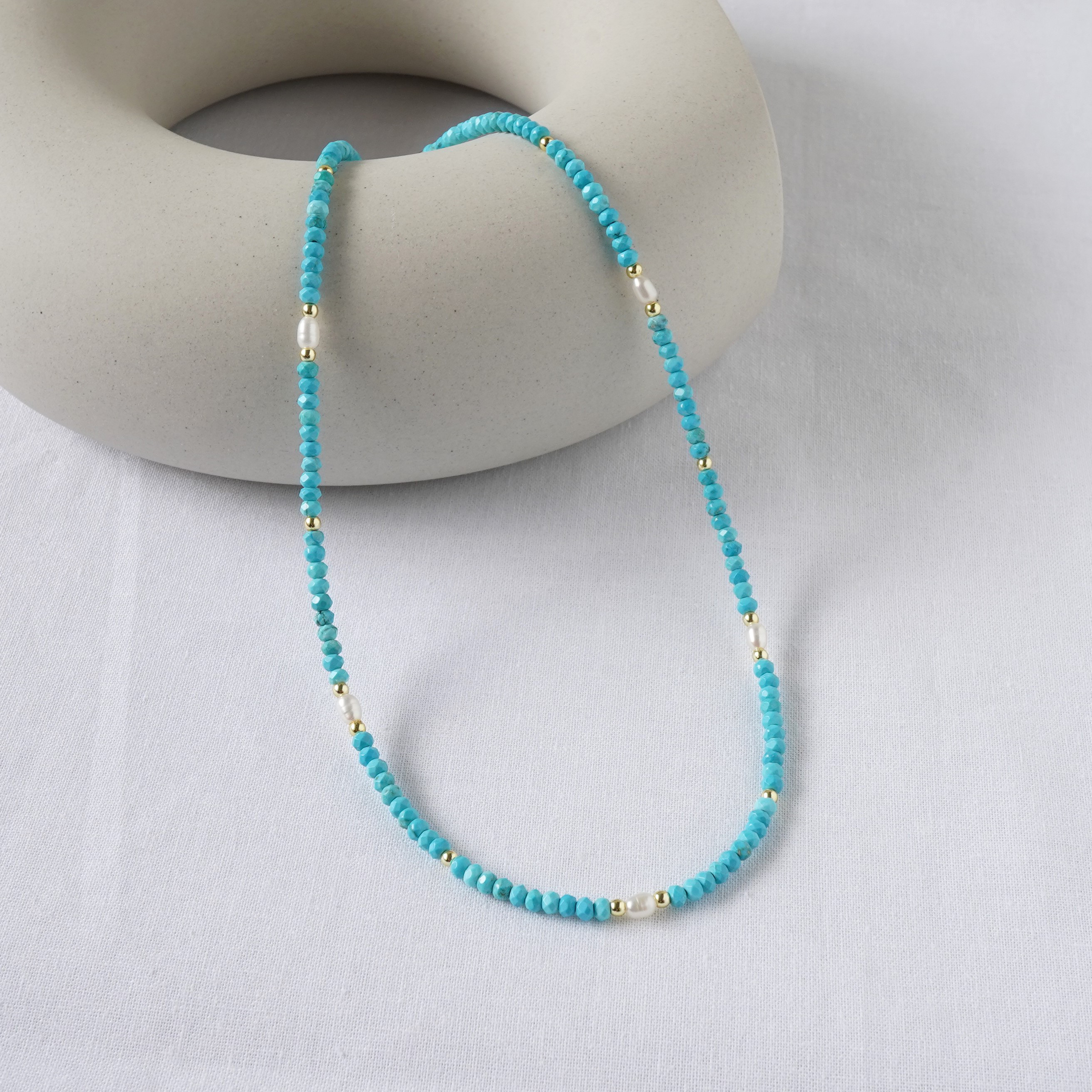 【14kgfネックレス】ターコイズと淡水パールのネックレス　天然石ネックレス　長く使える