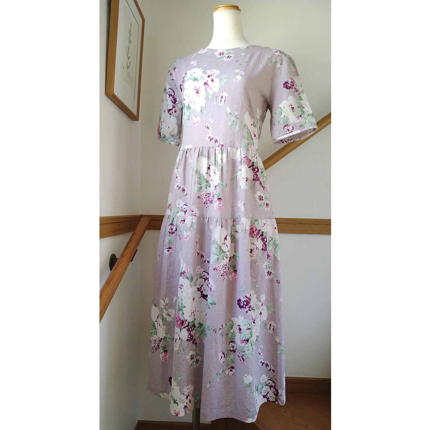 【花柄】五分袖　涼しいワンピース (パープル)