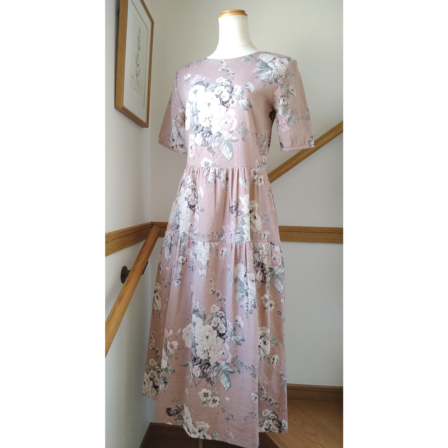 【花柄】五分袖　涼しいワンピース (ピンク)