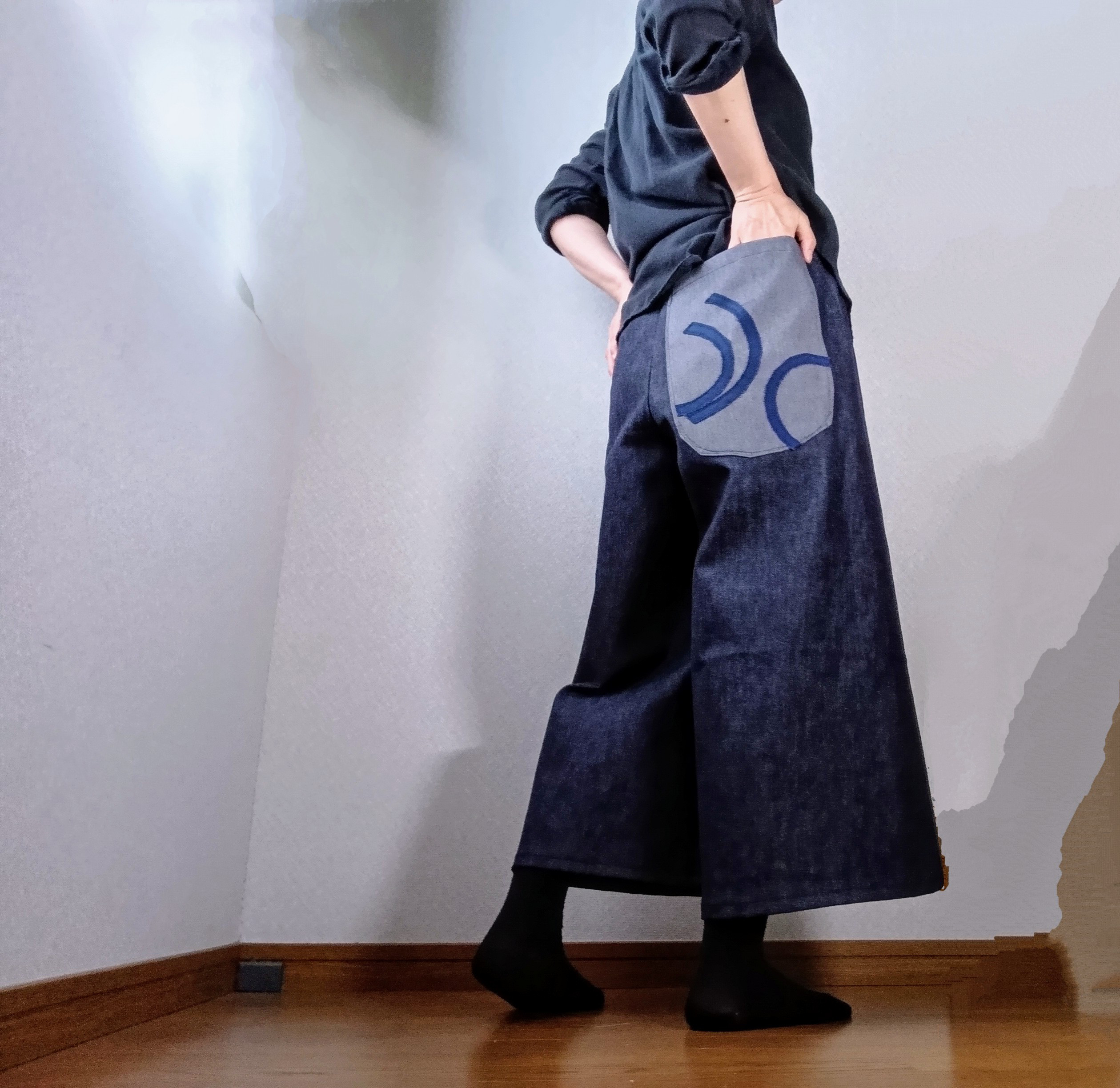 デニムワイドパンツポケットが大きい柄ズボン個性的ジーンズ裾広