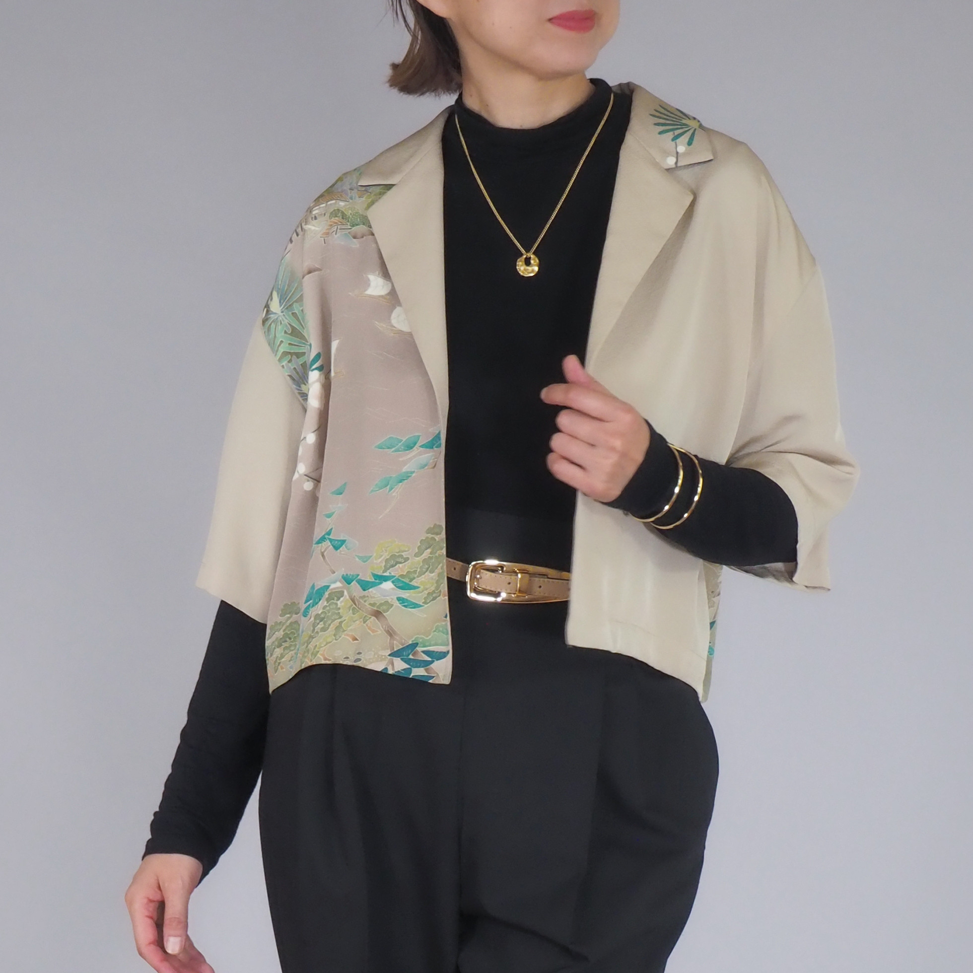 creema価格★着物リメイク クロップドシャツ ジャケット ベージュ 天の橋立　テーラー襟 五分丈 オープンカラー