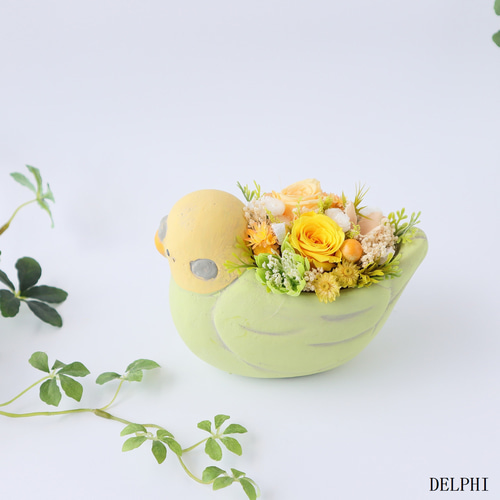 セキセイインコ（グリーン）のアレンジメント【プリザーブド