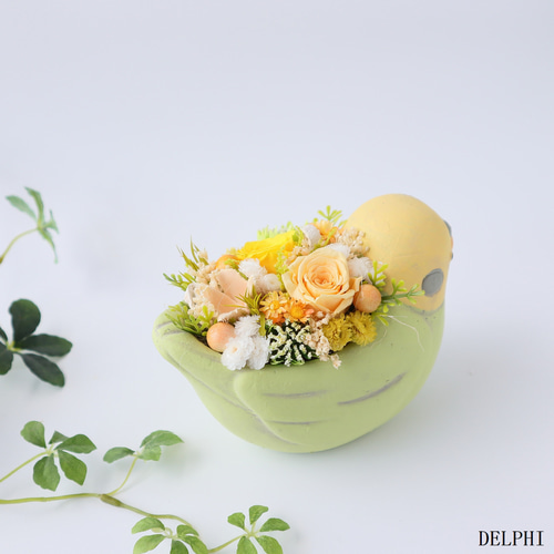 セキセイインコ（グリーン）のアレンジメント【プリザーブドフラワー