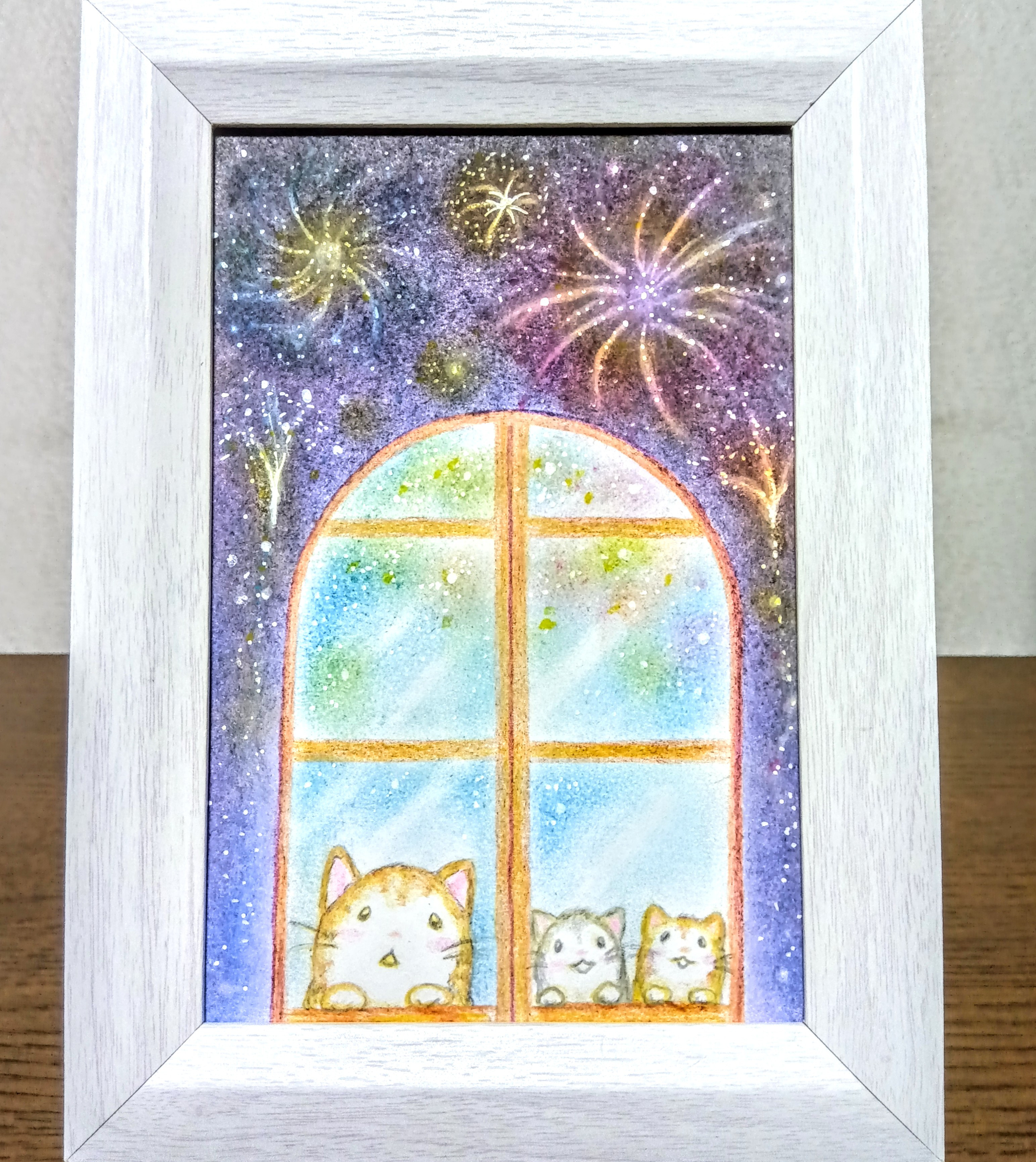 花火 猫イラスト 盆おどり 」B5大きめ 「 色鉛筆画 花火じゃらし