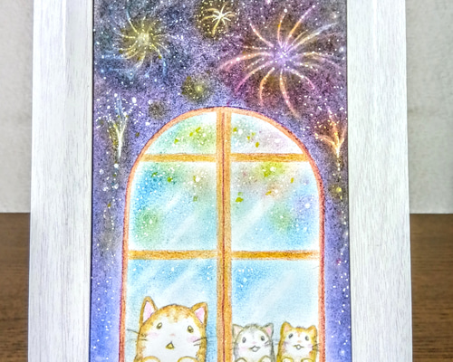 パステル＆色鉛筆画 猫の親子の花火鑑賞 原画 絵画 T's Arts 通販