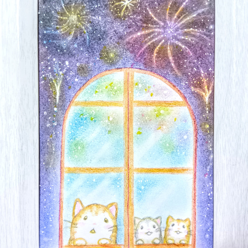 パステル＆色鉛筆画 猫の親子の花火鑑賞 原画 絵画 T's Arts 通販
