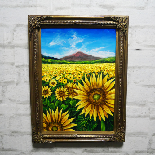 油絵 油彩 油彩画 絵 絵画【山中湖のひまわり畑】A3 油絵 油彩 油彩画 絵 絵画【山中湖のひまわり畑】A3 絵画 HR
