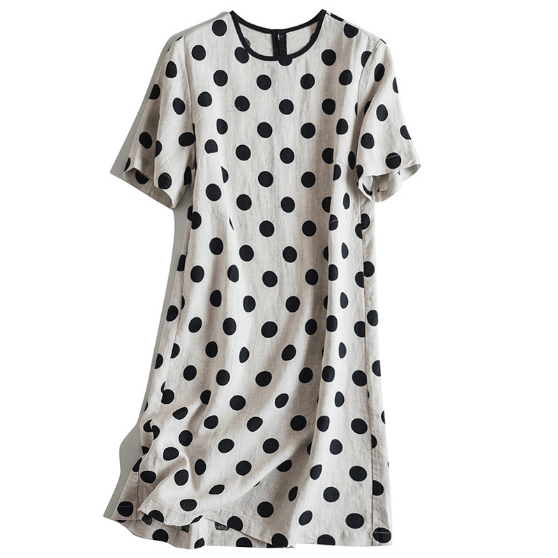 水玉リネンワンピース　水玉プリントリネン半袖ワンピース　M-XLサイズ　L687