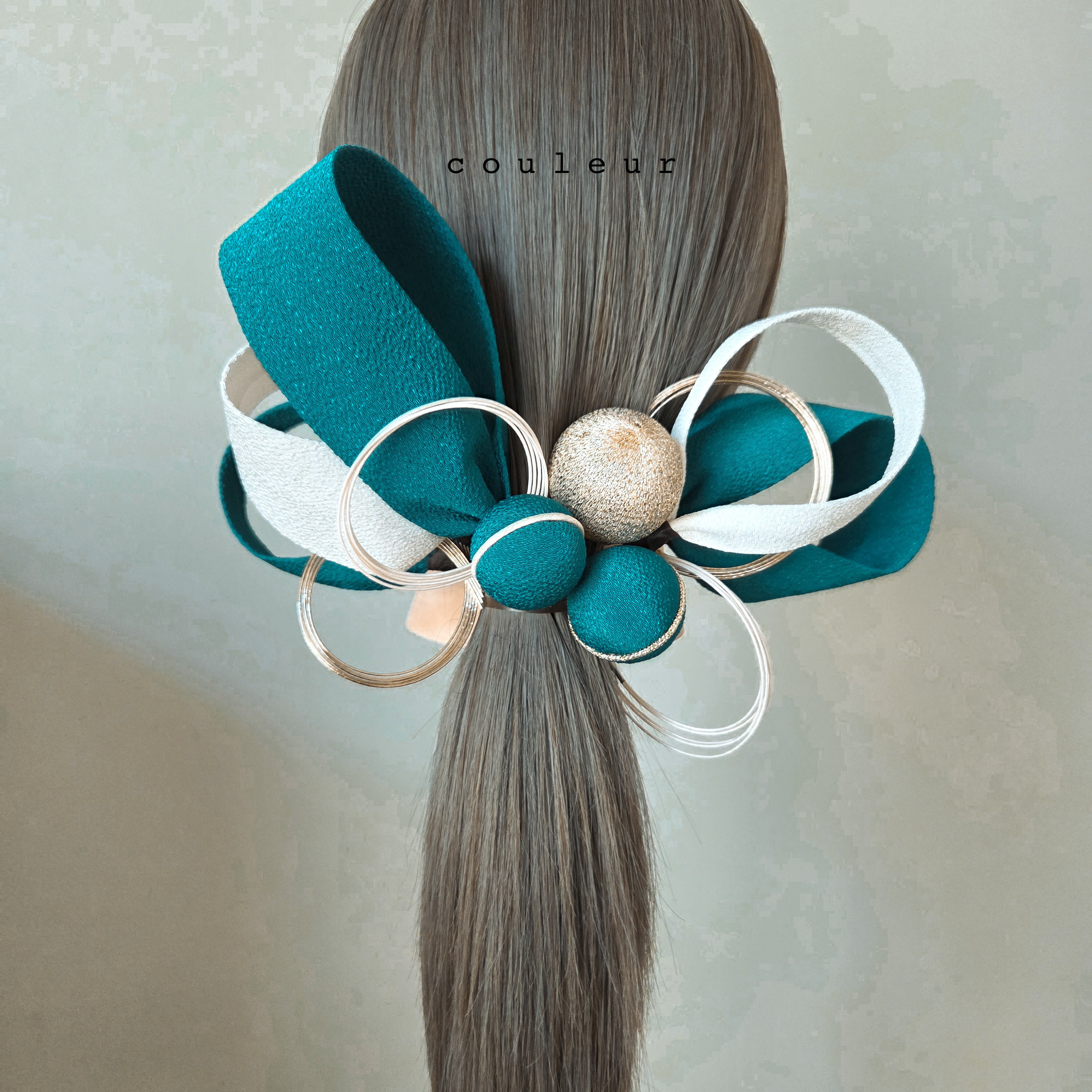 modern×ribbon peacock green 結婚式 成人式 卒業式 白無垢 髪飾り 水引き 個性的